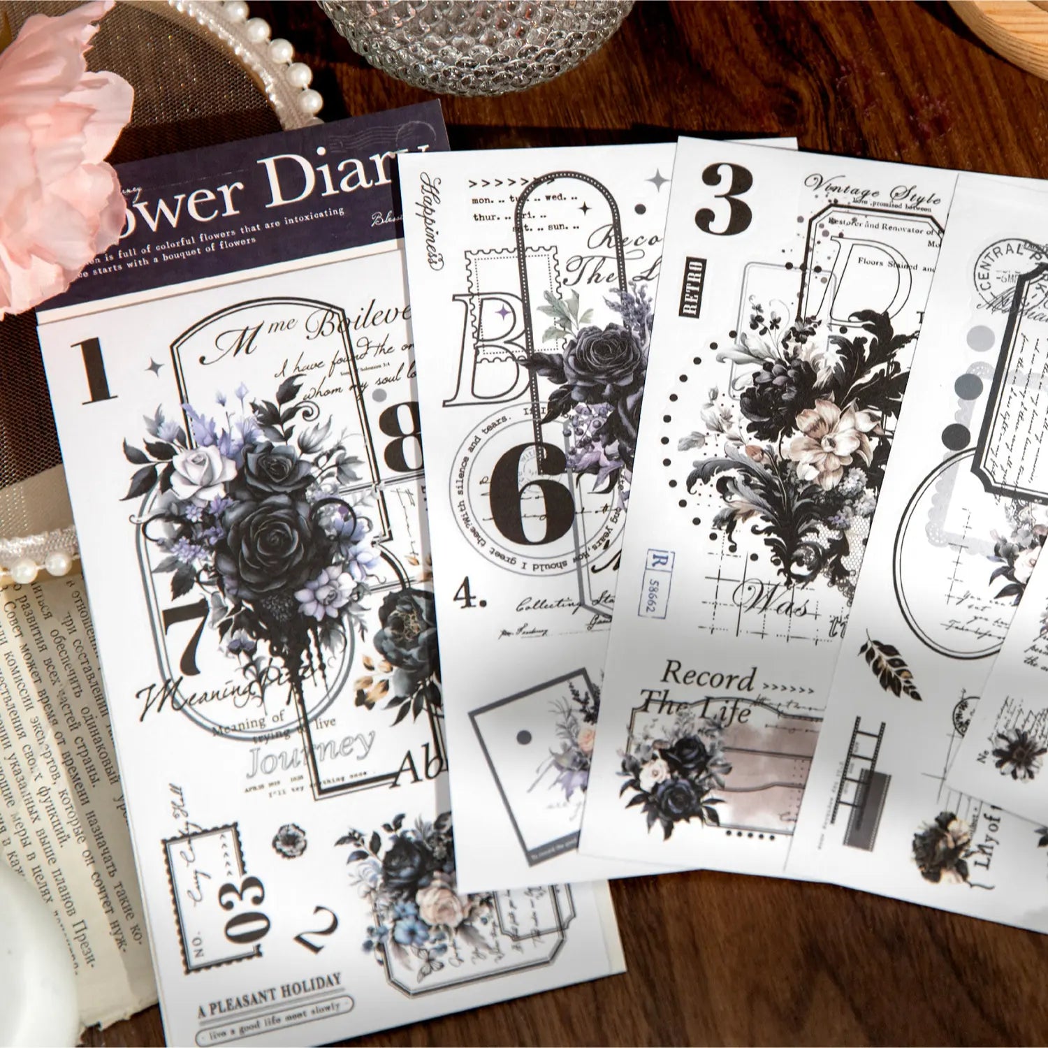 Autocollants Washi à motifs floraux découpés | Kit de journaling et collage botanique vintage
