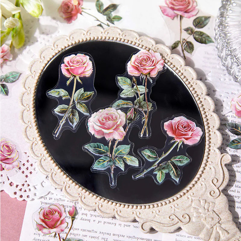 Autocollants PET roses à la feuille d'or | Éphémères floraux vintage pour journal intime