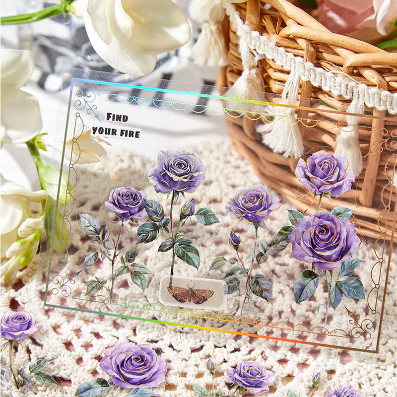 Autocollants PET roses à la feuille d'or | Éphémères floraux vintage pour journal intime