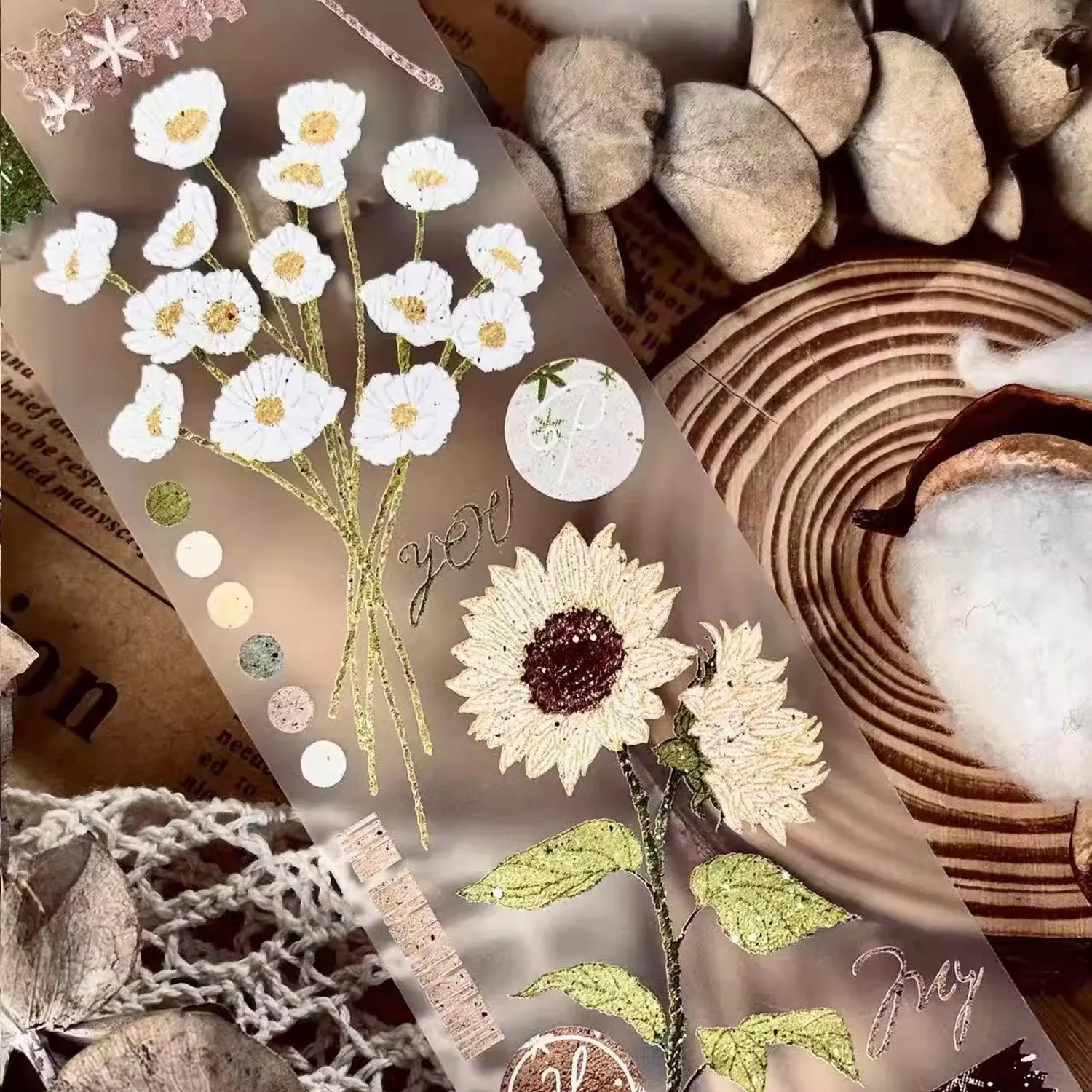 Ruban adhésif PET à motif de bouquet floral dessiné à la main | Éphémères pour journaling transparents et mats