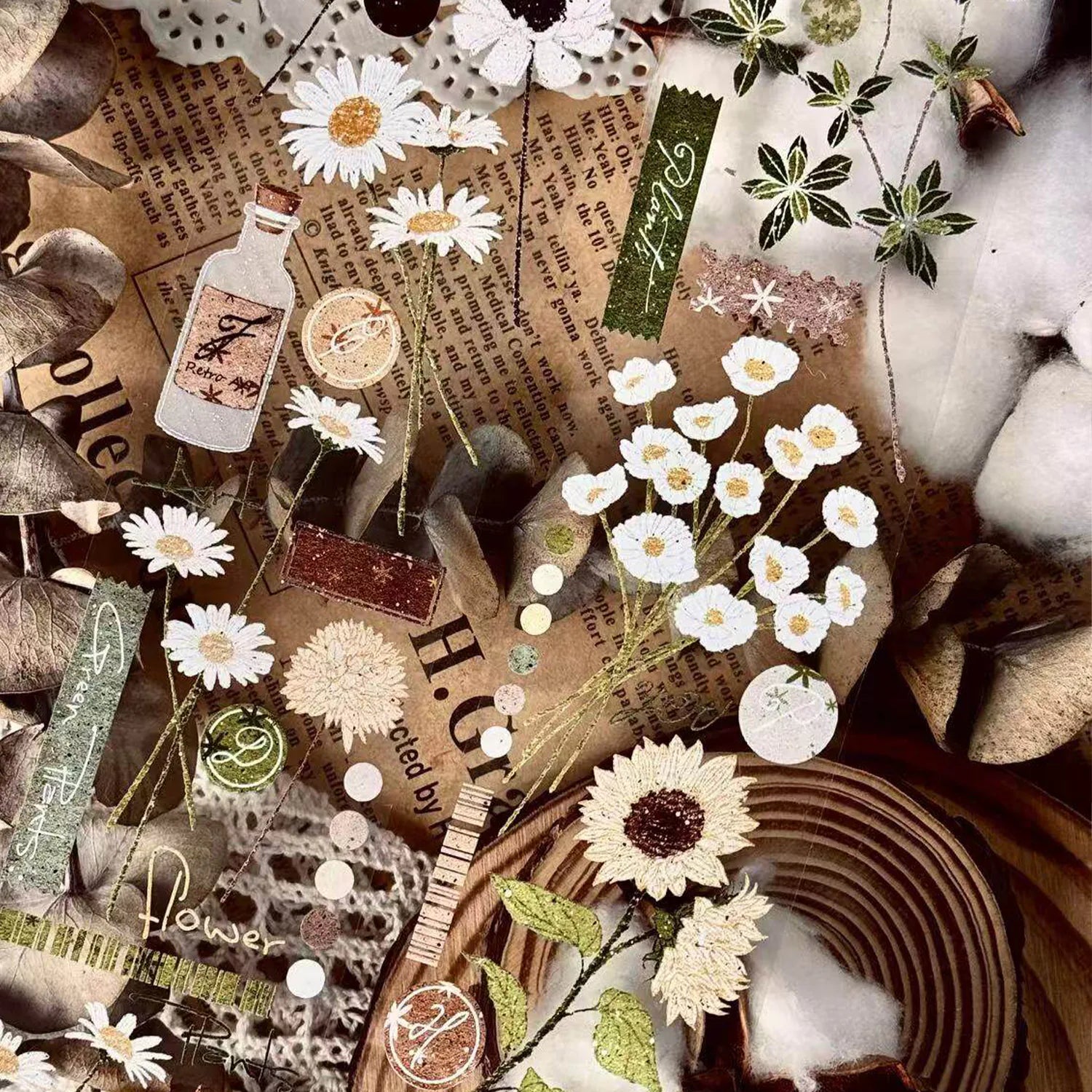 Ruban adhésif PET à motif de bouquet floral dessiné à la main | Éphémères pour journaling transparents et mats