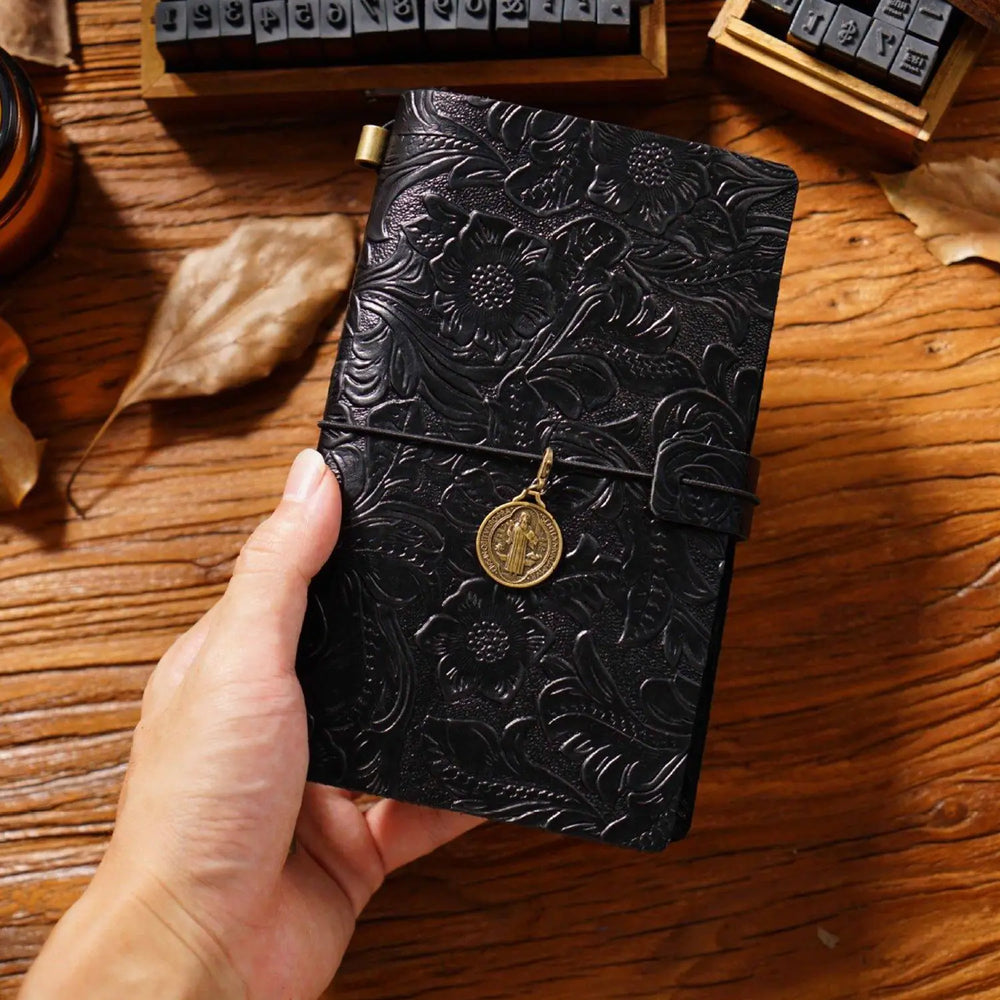 Carnet de voyage en cuir gaufré fait main – Journal TN vintage à motif floral (Rechargeable)