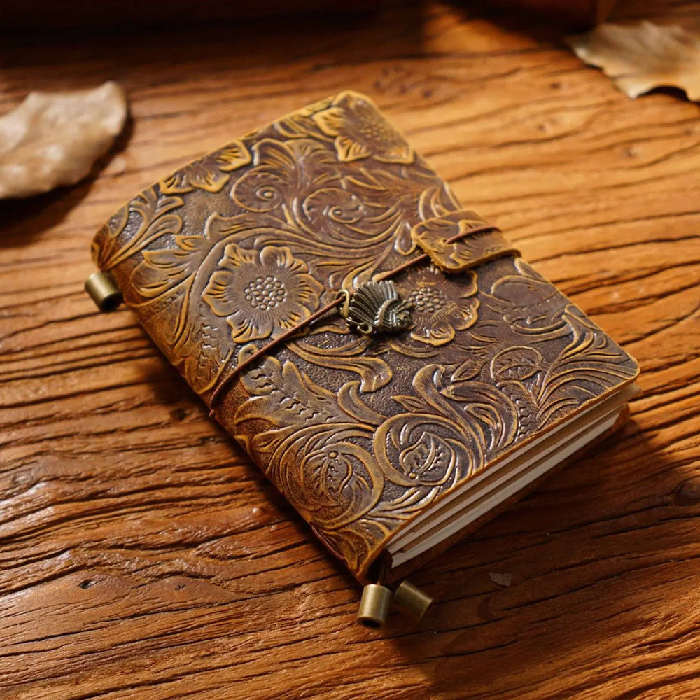 Carnet de voyage en cuir gaufré fait main – Journal TN vintage à motif floral (Rechargeable)