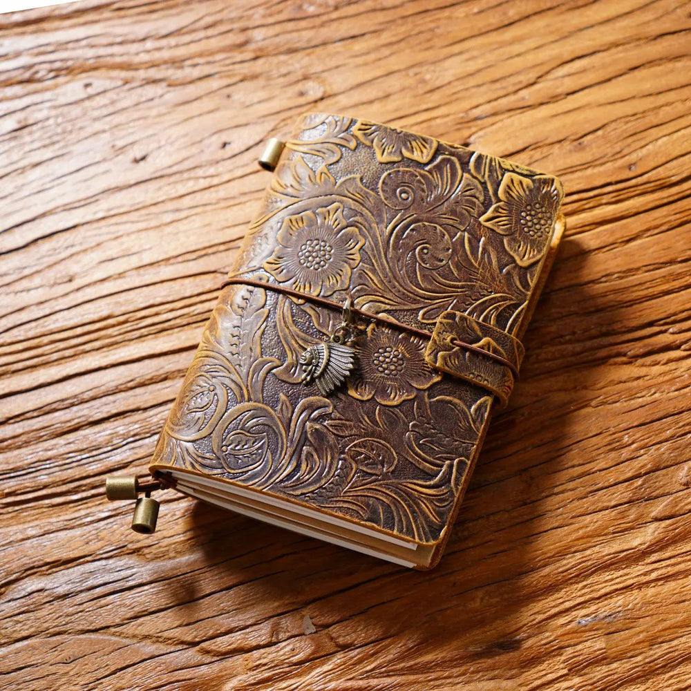 Carnet de voyage en cuir gaufré fait main – Journal TN vintage à motif floral (Rechargeable)