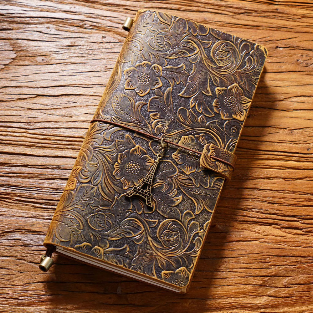 Carnet de voyage en cuir gaufré fait main – Journal TN vintage à motif floral (Rechargeable)