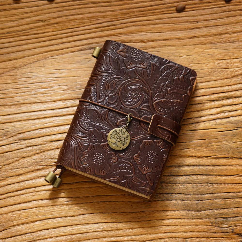 Carnet de voyage en cuir gaufré fait main – Journal TN vintage à motif floral (Rechargeable)