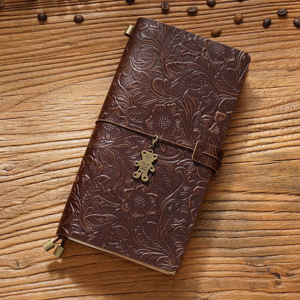 Carnet de voyage en cuir gaufré fait main – Journal TN vintage à motif floral (Rechargeable)