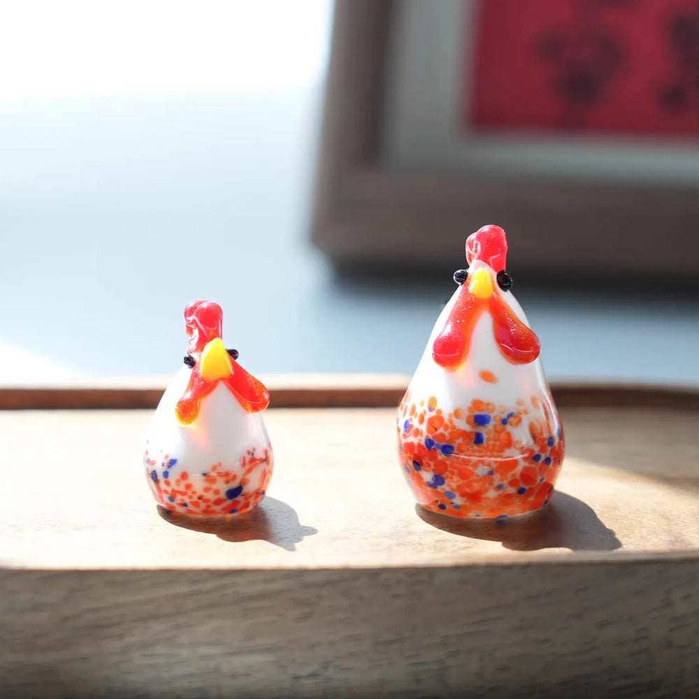 Handcrafted Tiny Glass Chicken Figurine Set – Chubby Rooster Pair