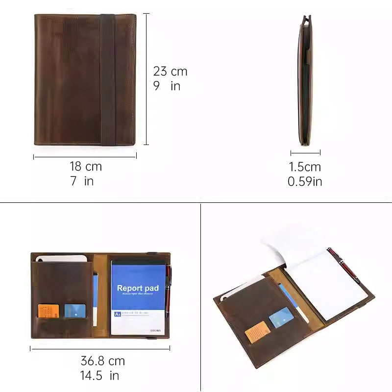 Handmade A5 Leather Notebook Cover with iPad Mini Storage