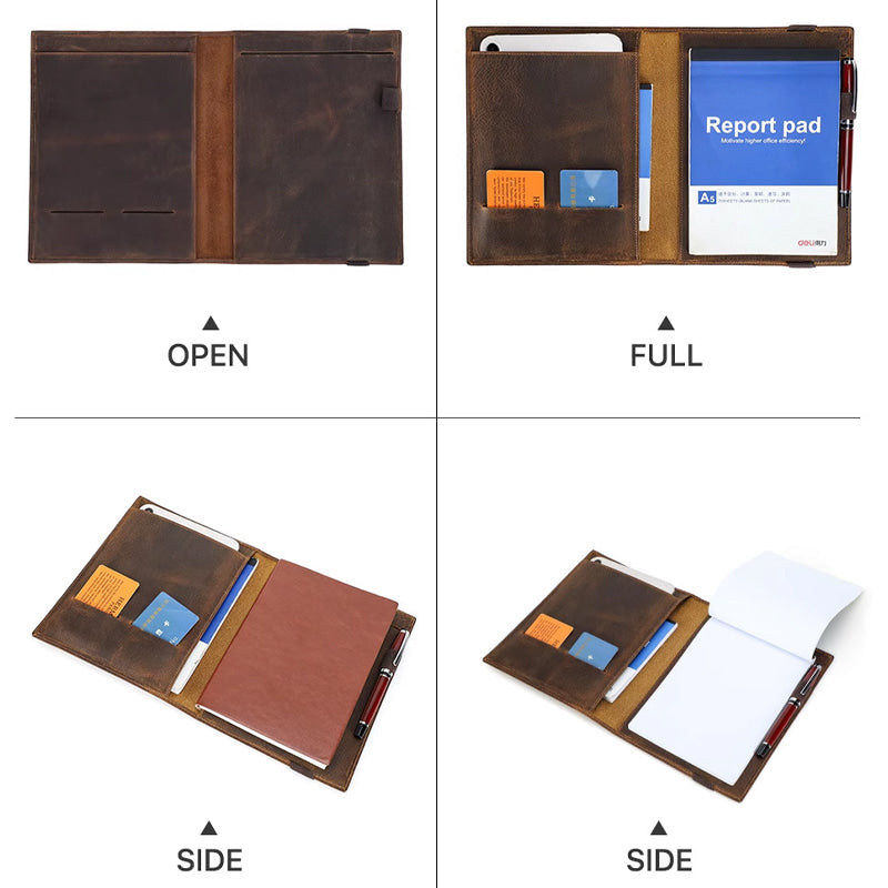 Handmade A5 Leather Notebook Cover with iPad Mini Storage