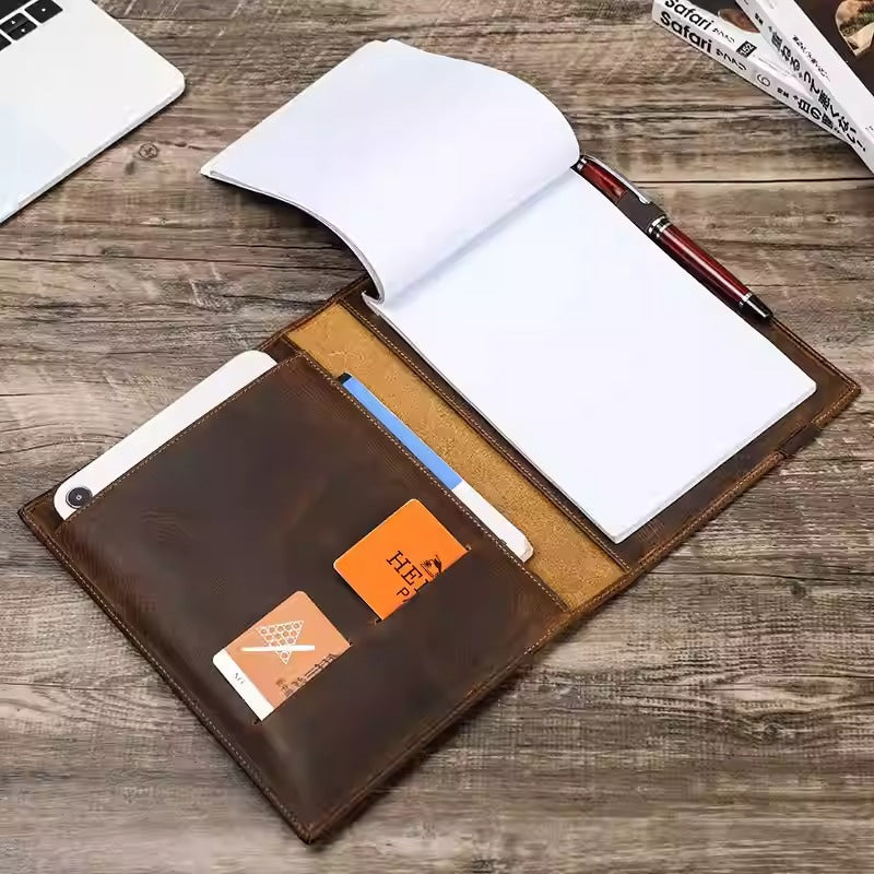 Handmade A5 Leather Notebook Cover with iPad Mini Storage