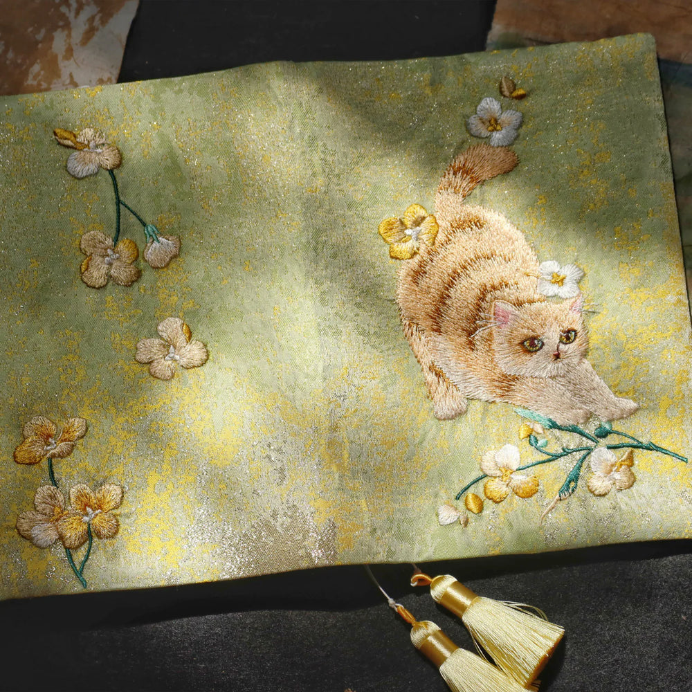 Handmade Embroidered Cat Fabric Journal Notebook – Refillable Binder