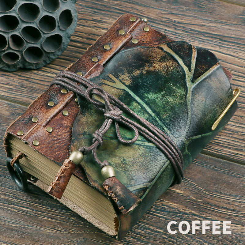 Carnet en cuir relié feuille de lotus – Carnet en cuir fait main, cadeau de Noël et du Nouvel An, cadeau de fêtes