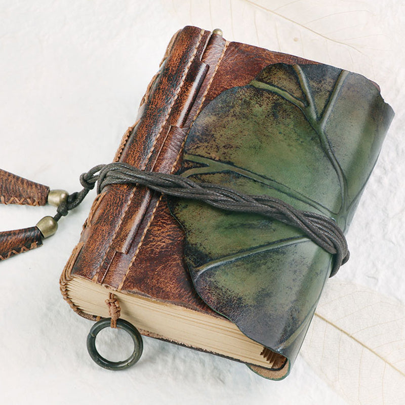 Carnet en cuir relié feuille de lotus – Carnet en cuir fait main, cadeau de Noël et du Nouvel An, cadeau de fêtes