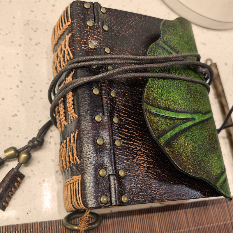 Carnet en cuir relié feuille de lotus – Carnet en cuir fait main, cadeau de Noël et du Nouvel An, cadeau de fêtes