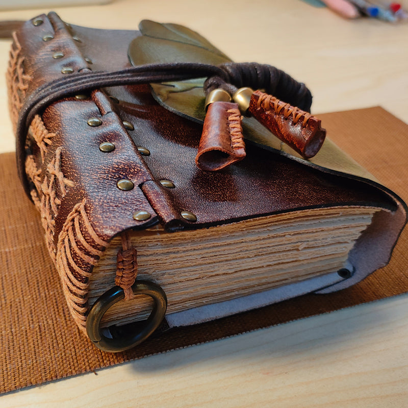 Carnet en cuir relié feuille de lotus – Carnet en cuir fait main, cadeau de Noël et du Nouvel An, cadeau de fêtes