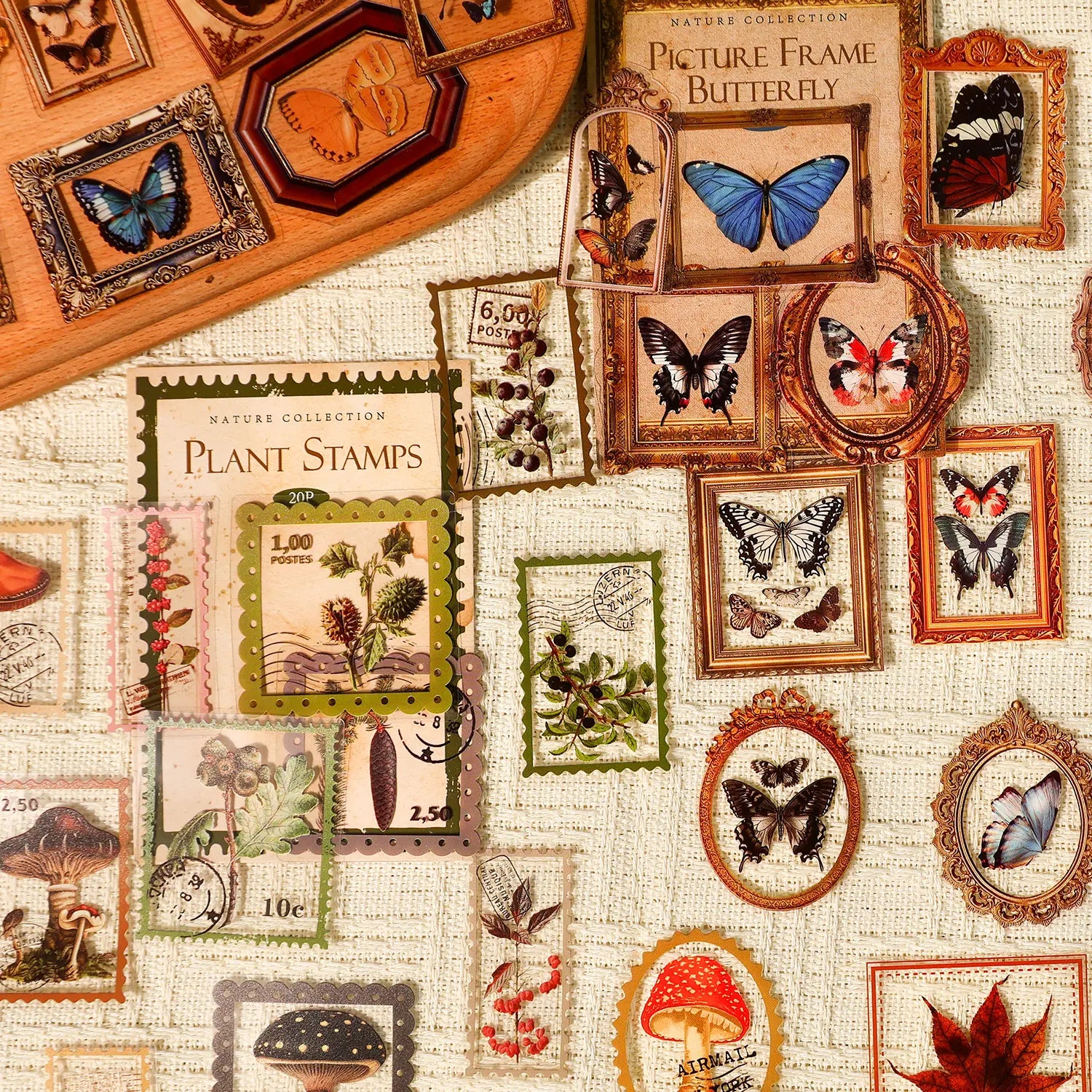 Nature Series PET Stickers – Leaves & Butterfly Flowers Stamp Style