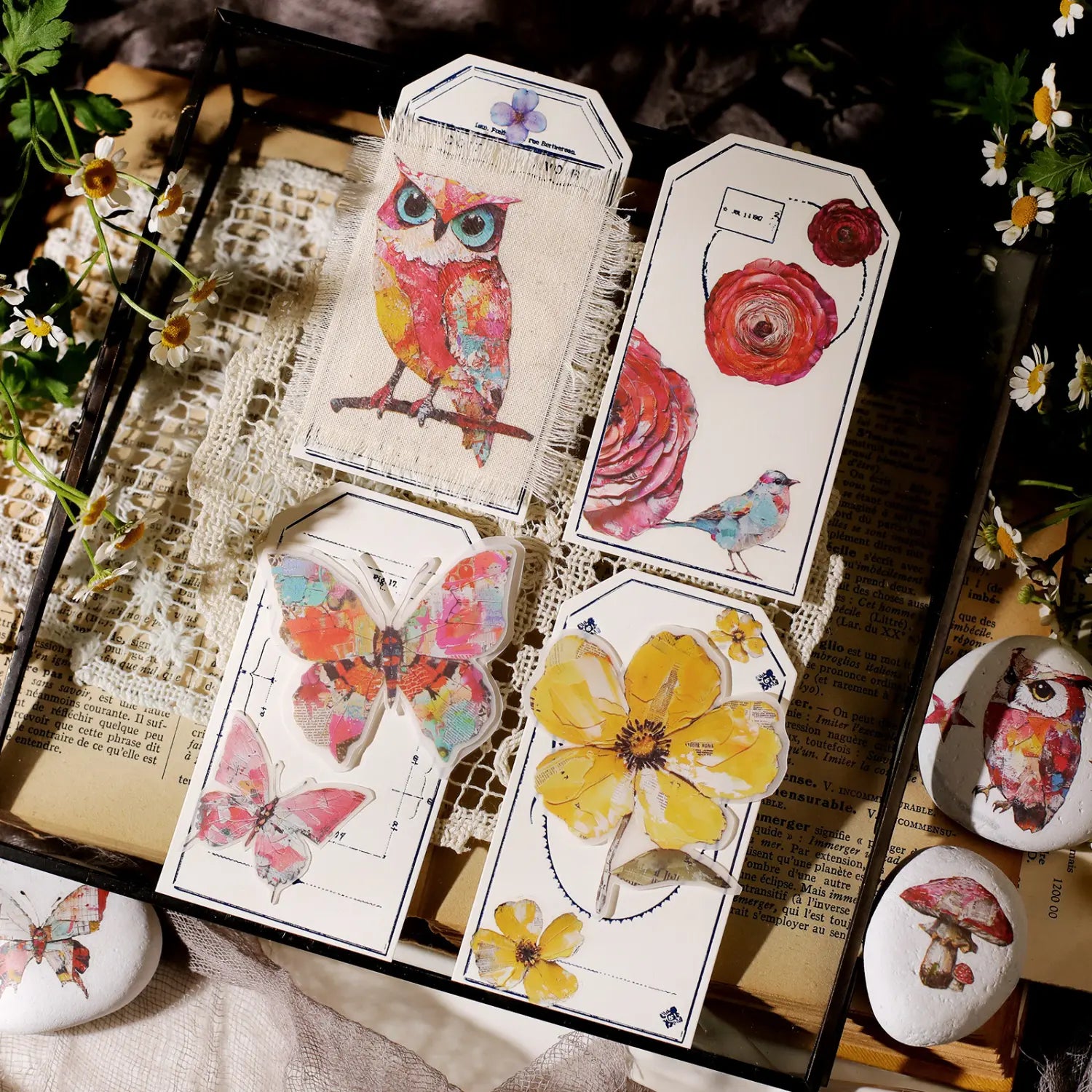 Autocollants à frotter style peinture à l'huile | Motifs colibri, hibou et fleurs