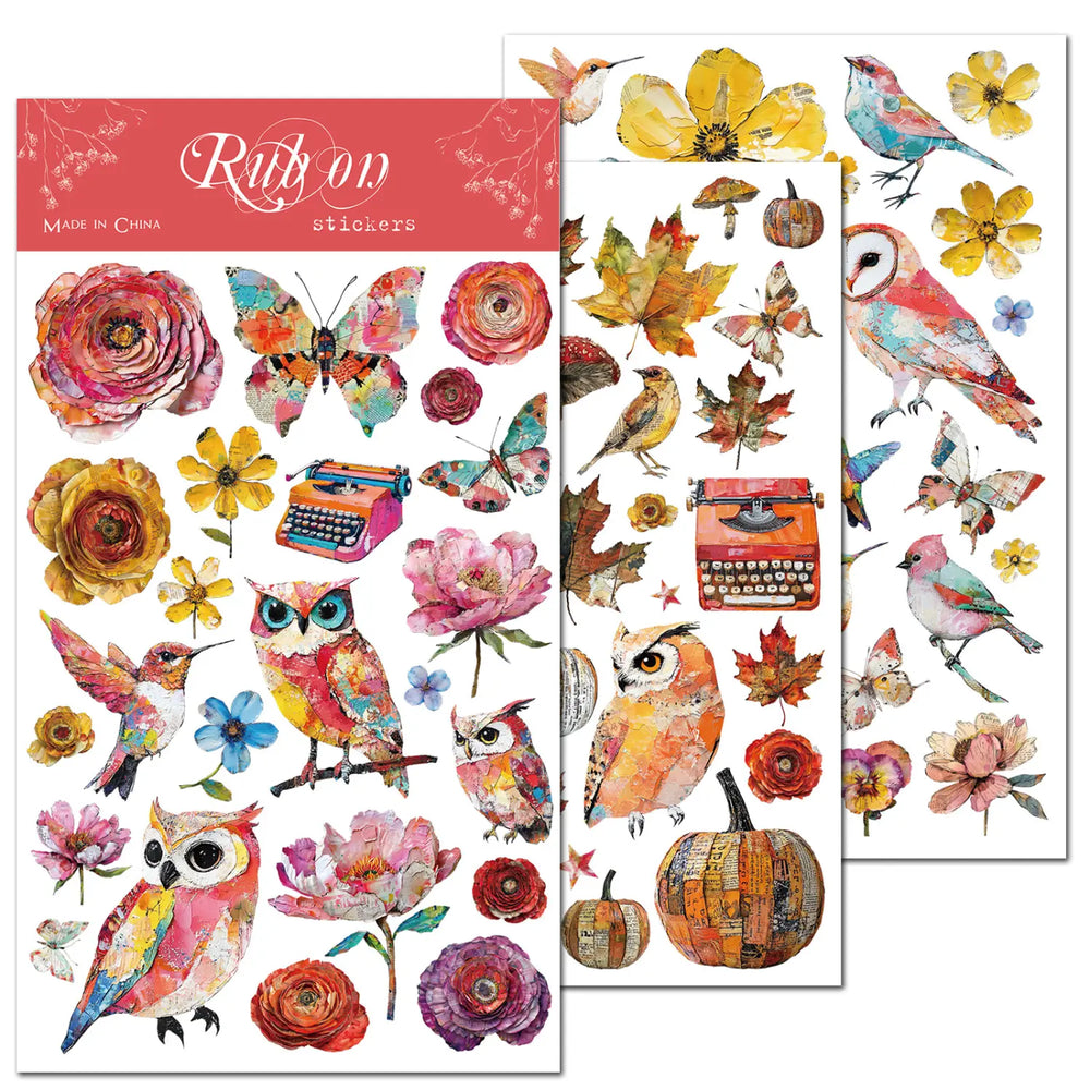 Oil Painting Style Rub-On Stickers | Hummingbird, Owl & Floral Transfers
