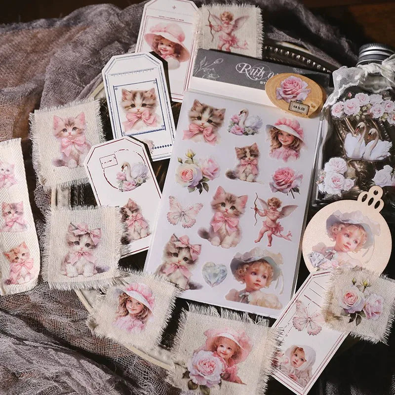 Pink Floral Cat Girl Rub-On Transfer Stickers