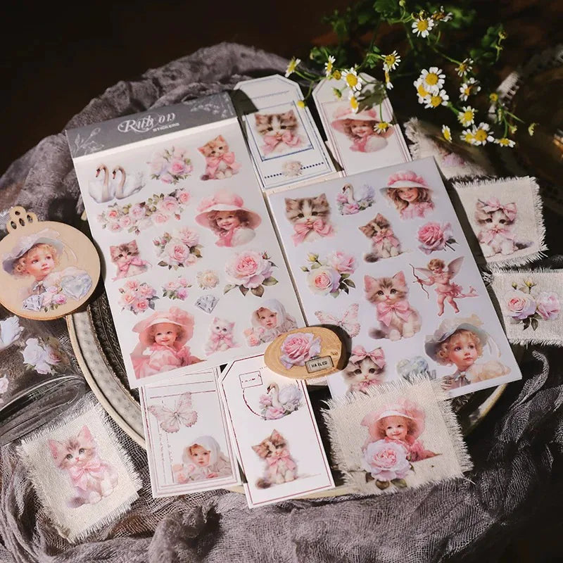 Pink Floral Cat Girl Rub-On Transfer Stickers