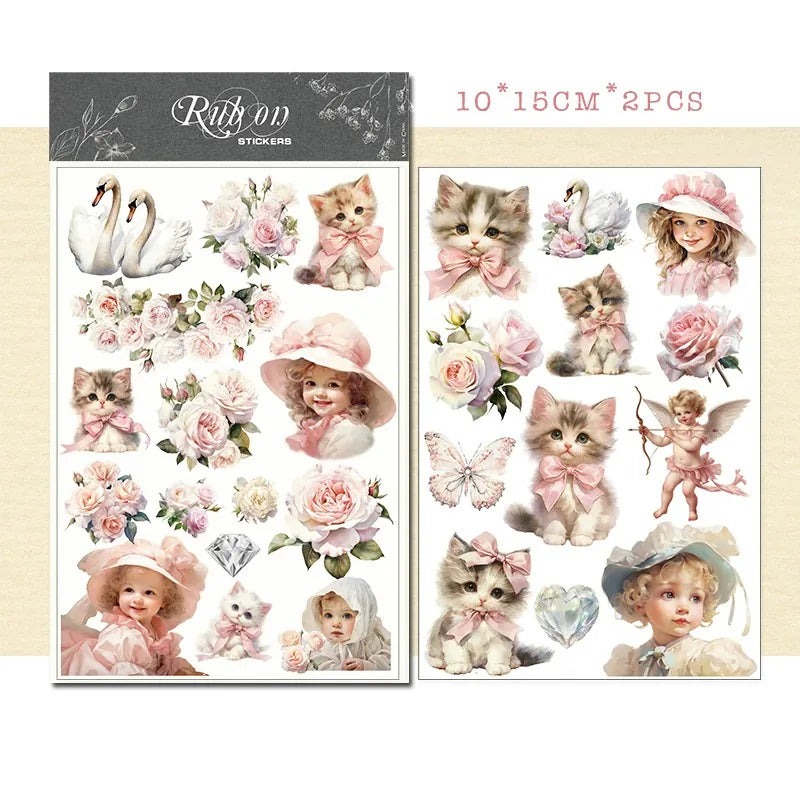 Pink Blumen Katzenmädchen Rub-On Transfer Sticker