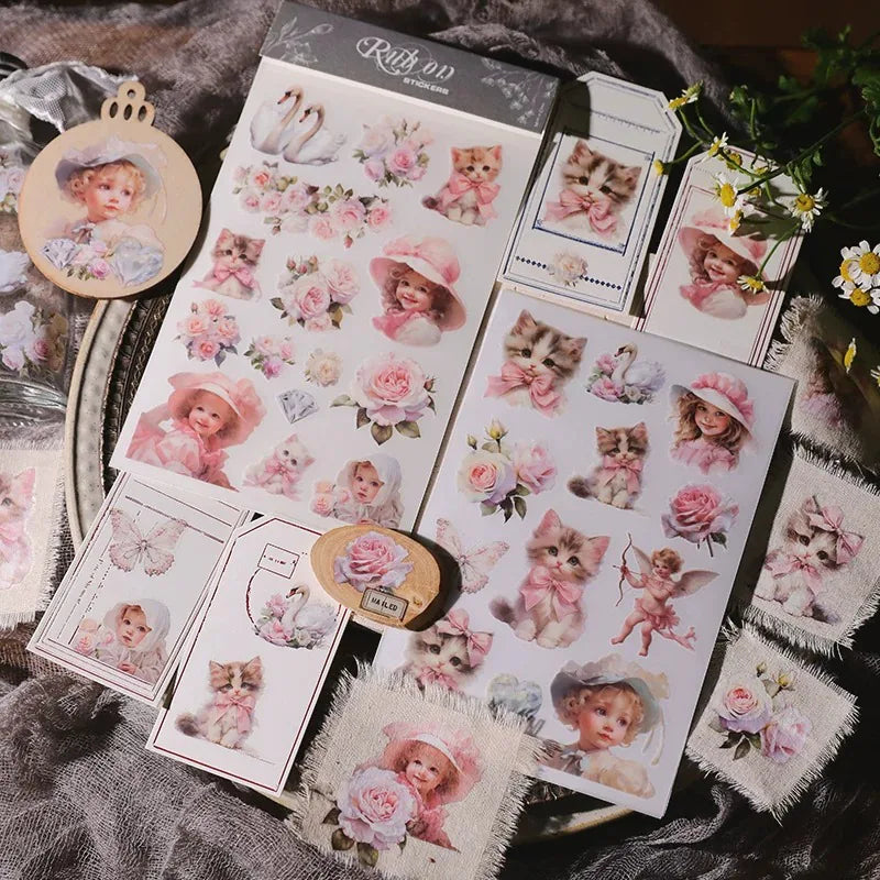 Pink Floral Cat Girl Rub-On Transfer Stickers