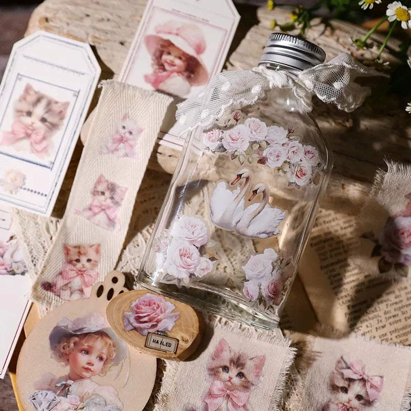 Pink Floral Cat Girl Rub-On Transfer Stickers
