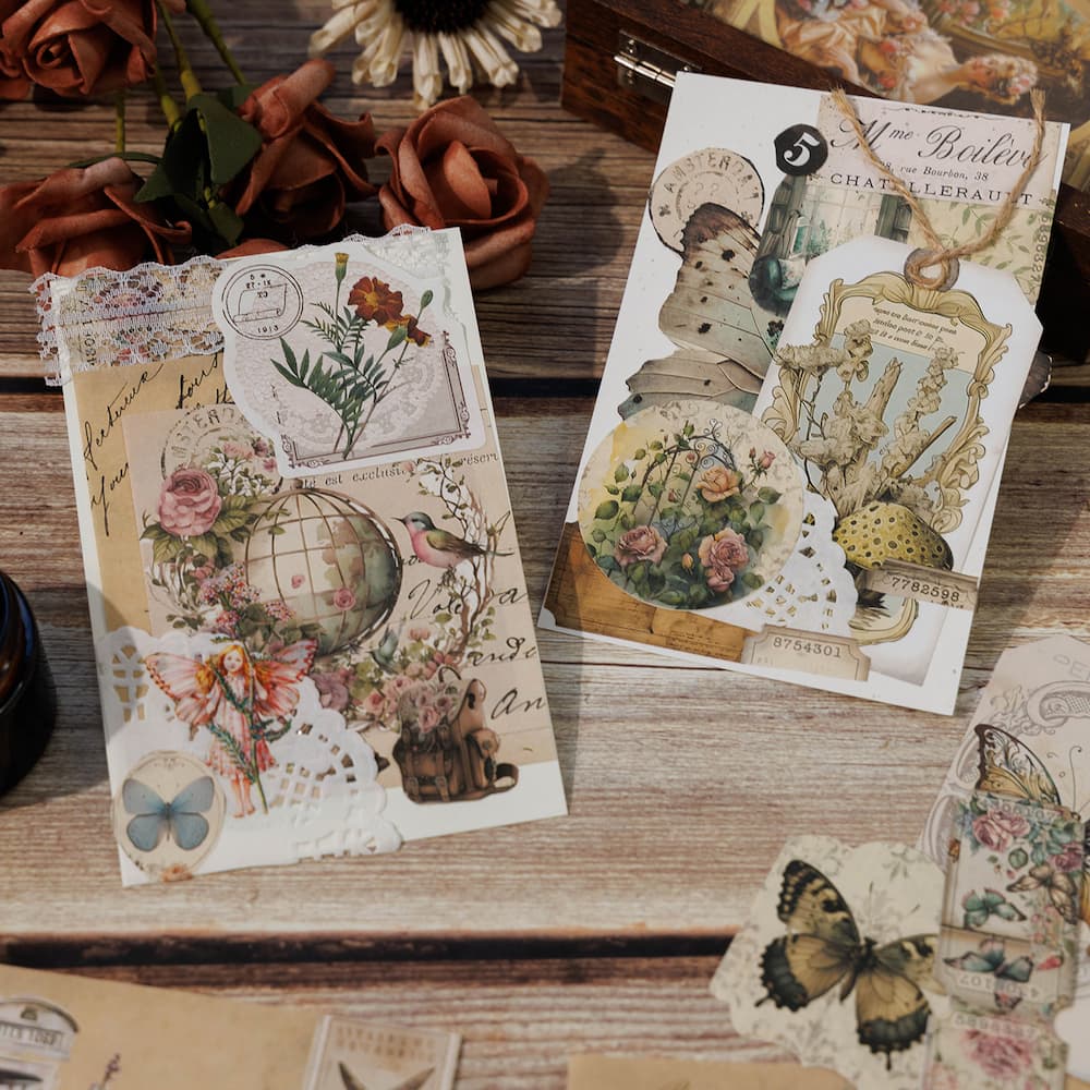 Kit d'autocollants en papier pour scrapbooking vintage à motif de plantes et de papillons
