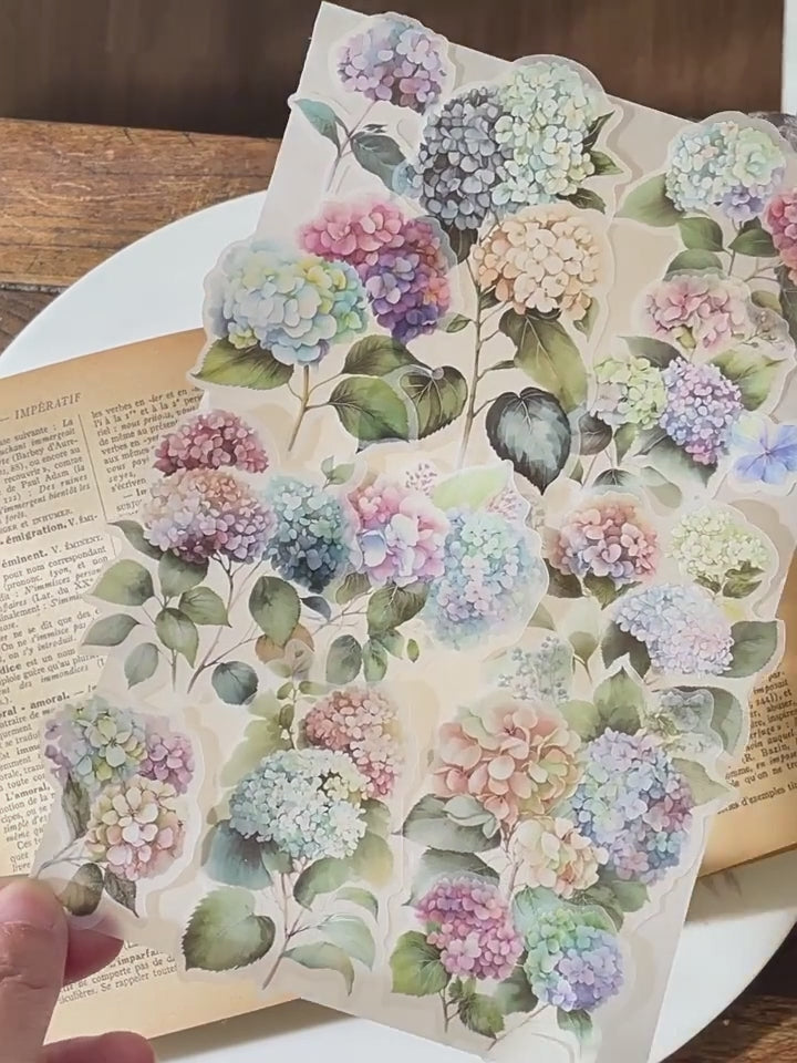 Autocollants en vélin translucide à motif d'hortensias | Ensemble de journaling floral botanique doux