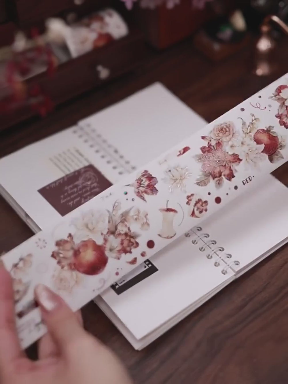 Red-Brown Peony & Apple Washi & PET Tape for Journaling