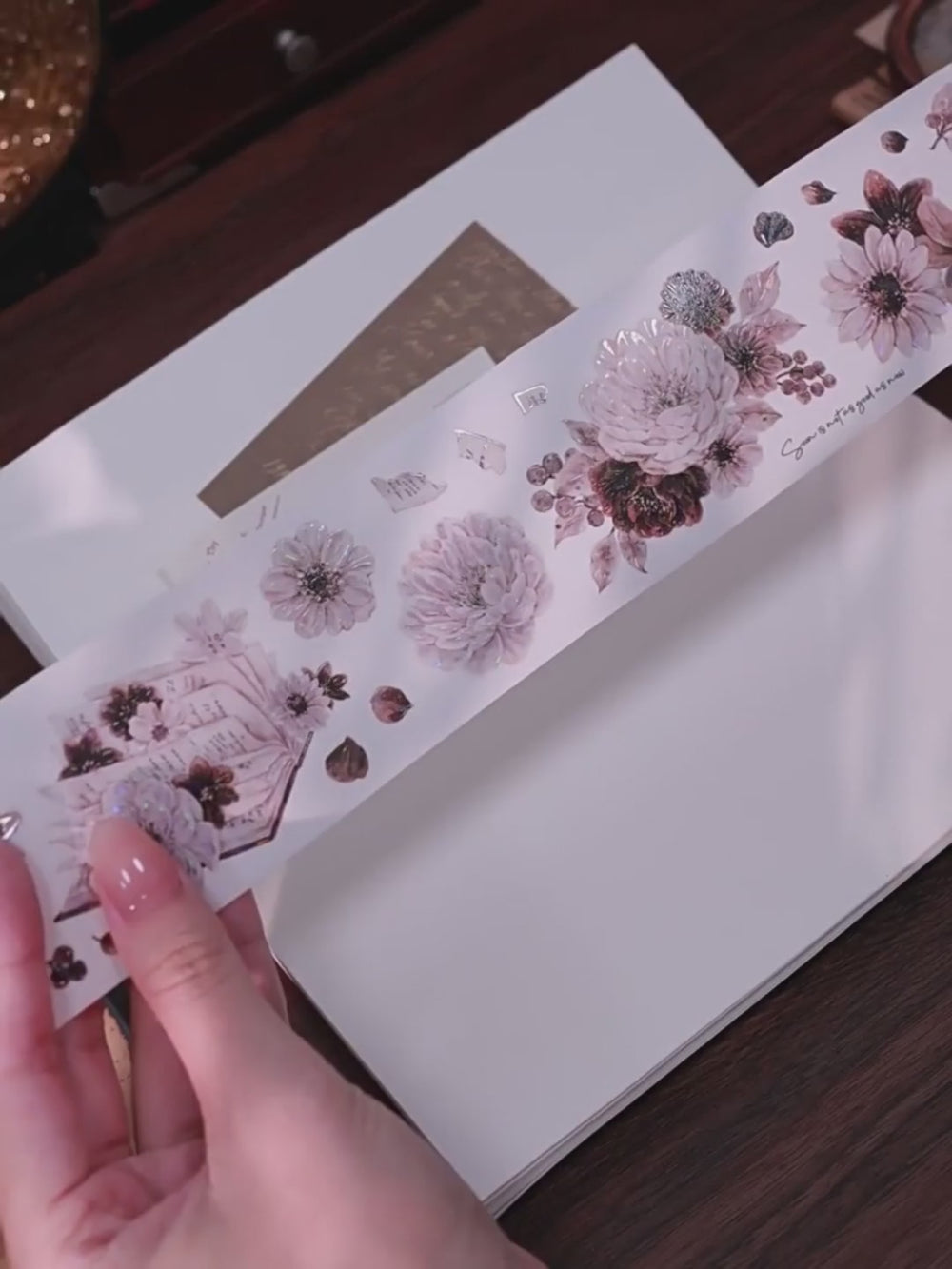 Vintage Dusty Rose Cocoa Floral PET Tape Shell Shimmer