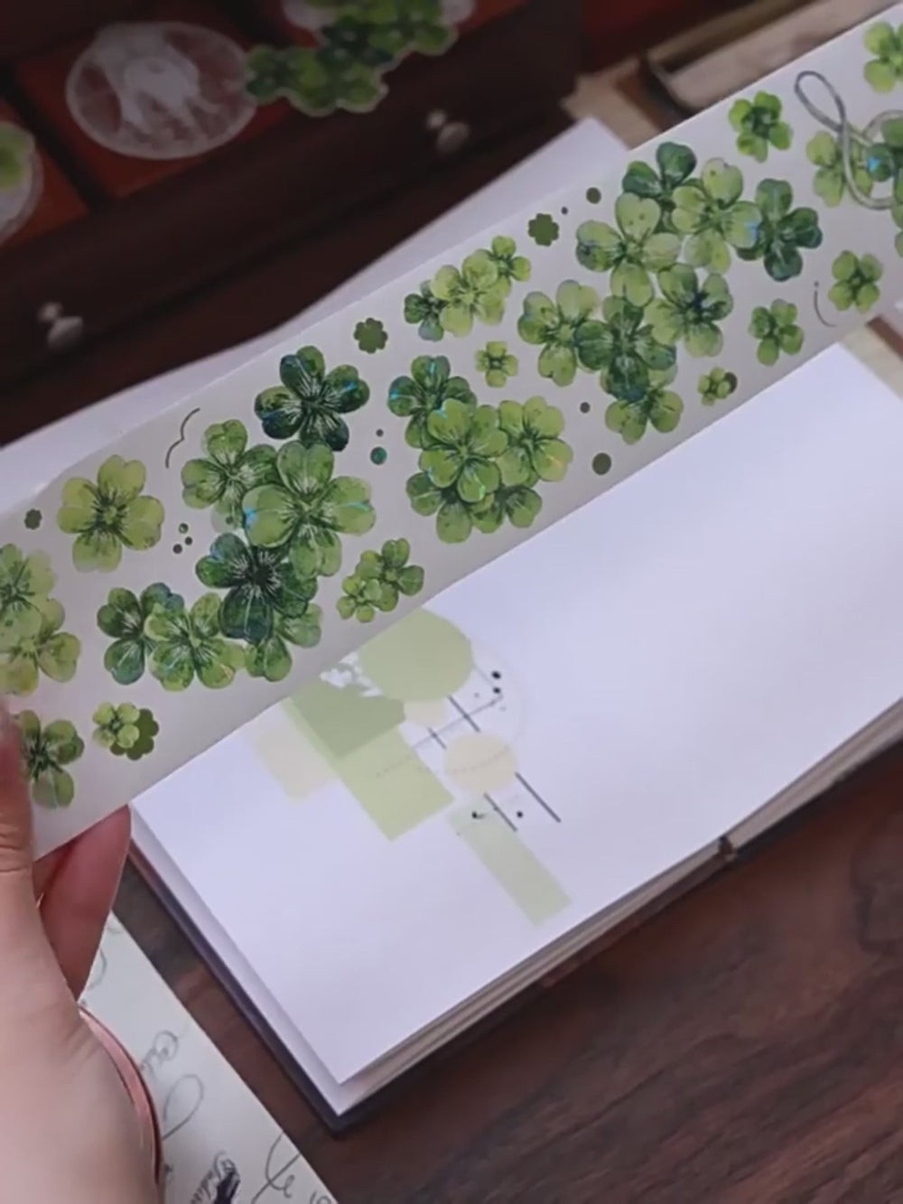 Vintage Green Four-Leaf Clover Shell Foil PET Washi Tape