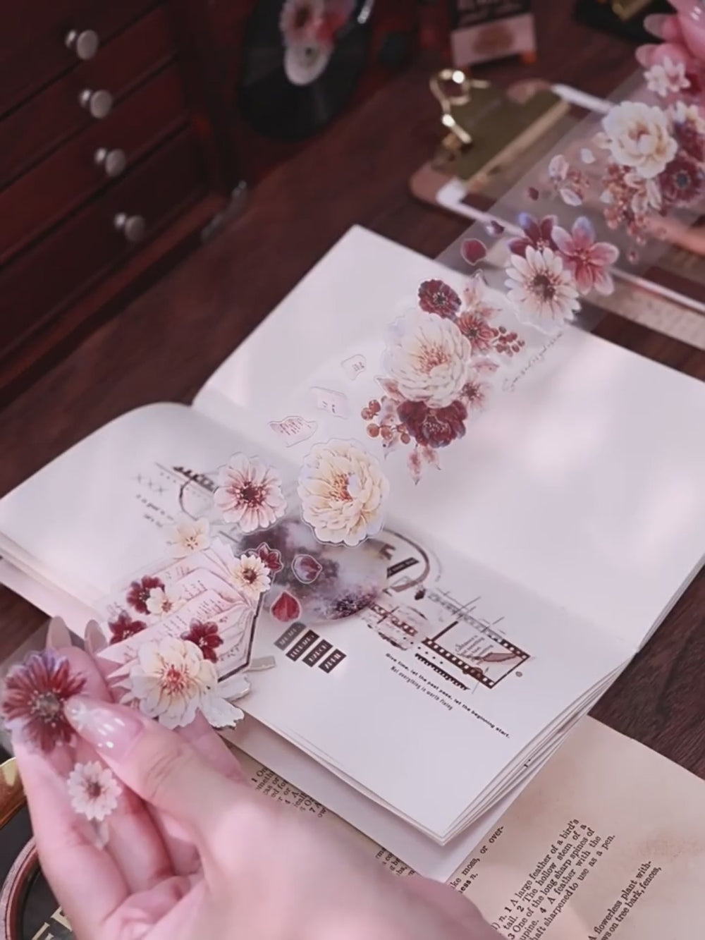 Vintage Peony Washi & PET Tape – Ivory & Burgundy