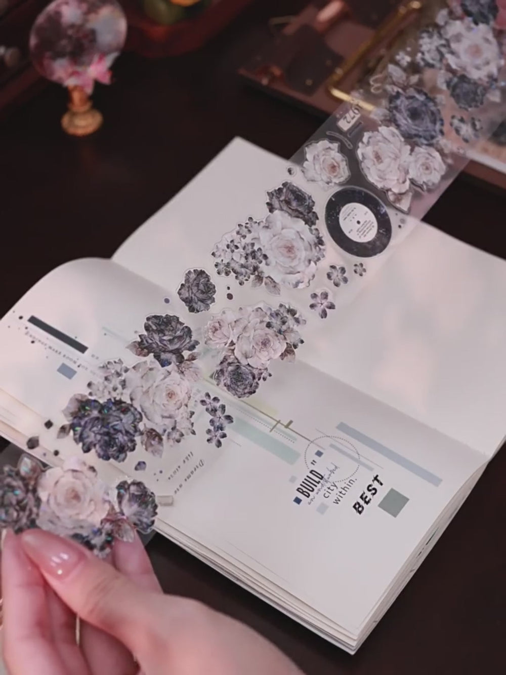 Vintage Ivory & Dark Slate Rose Washi Tape Journaling Floral PET Tape