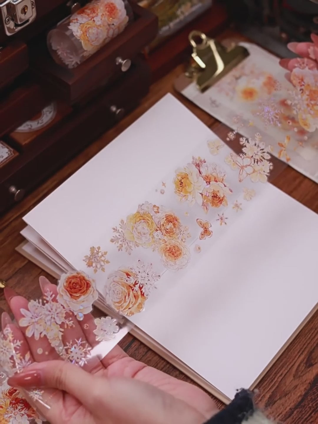 Orange Floral Snowflake Die-Cut Washi PET Tape