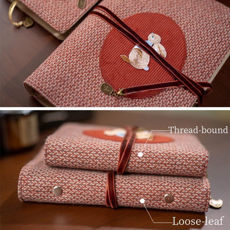 Carnet de notes rétro avec couverture en tissu et broderie faite à la main Motif lapin