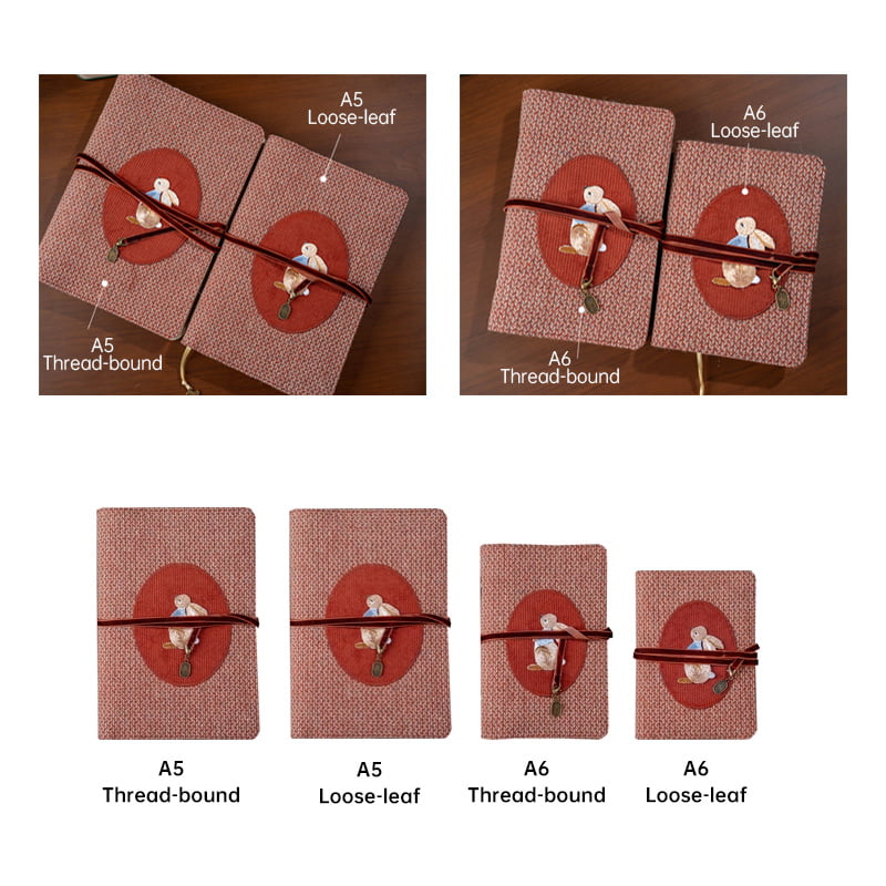 Carnet de notes rétro avec couverture en tissu et broderie faite à la main Motif lapin