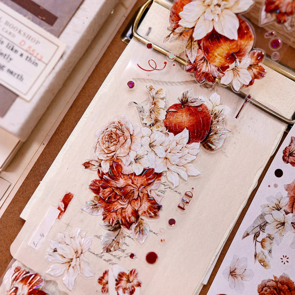 Red-Brown Peony & Apple Washi & PET Tape for Journaling