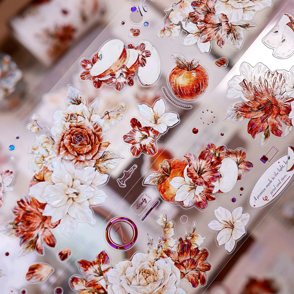 Red-Brown Peony & Apple Washi & PET Tape for Journaling
