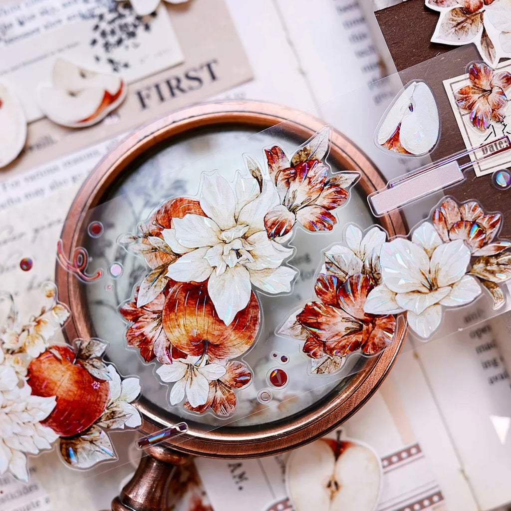 Red-Brown Peony & Apple Washi & PET Tape for Journaling