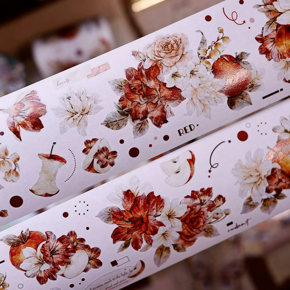 Red-Brown Peony & Apple Washi & PET Tape for Journaling
