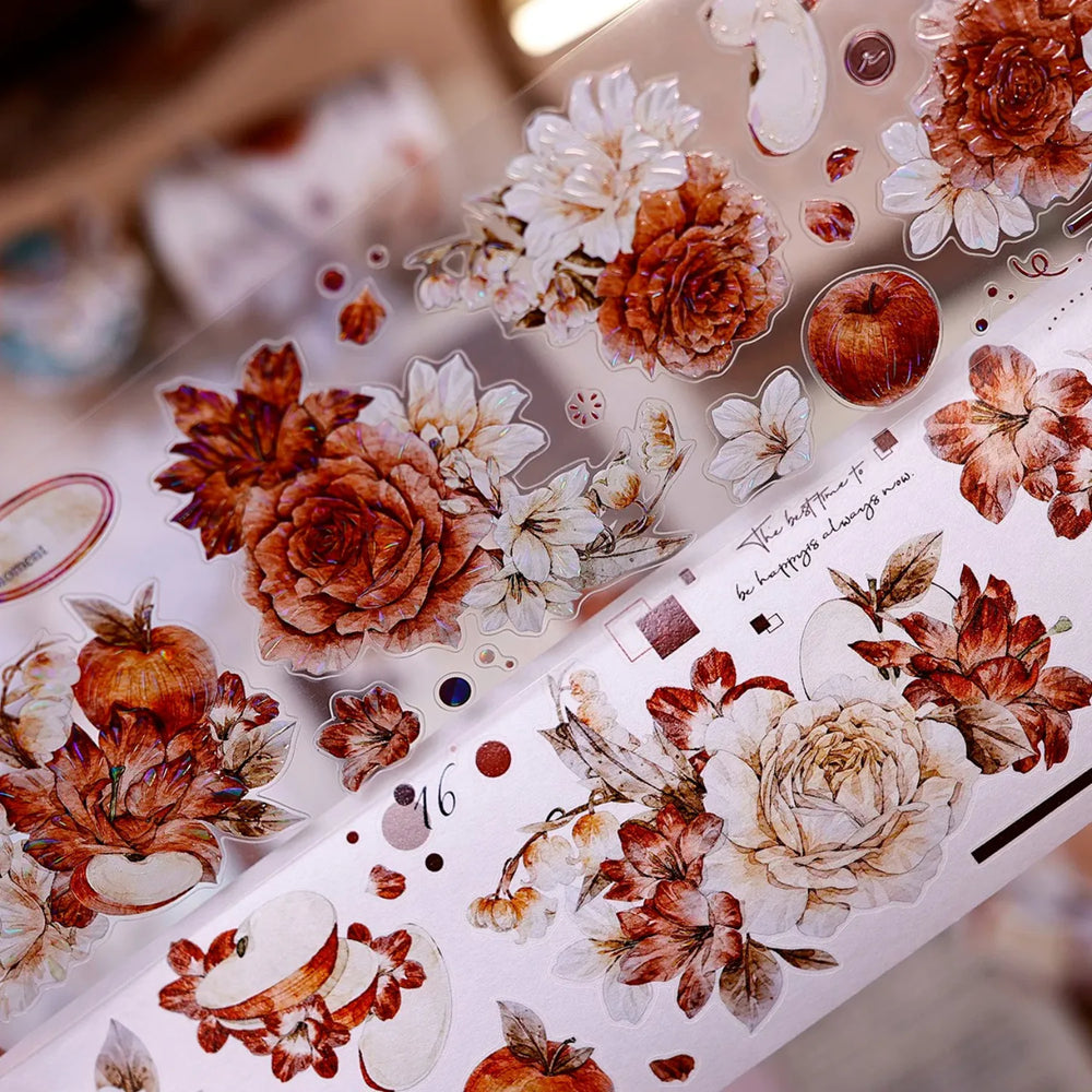 Red-Brown Peony & Apple Washi & PET Tape for Journaling