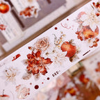 Red-Brown Peony & Apple Washi & PET Tape for Journaling