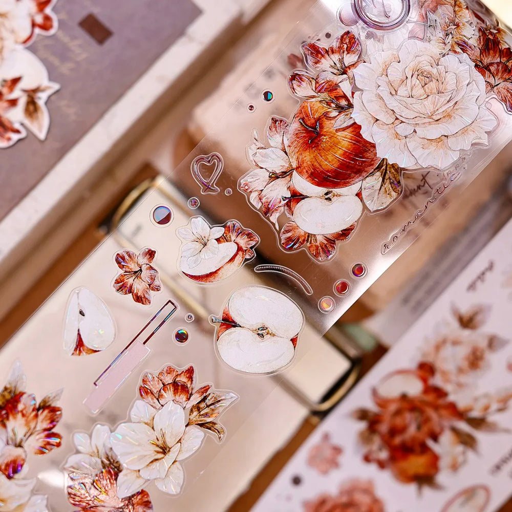 Red-Brown Peony & Apple Washi & PET Tape for Journaling
