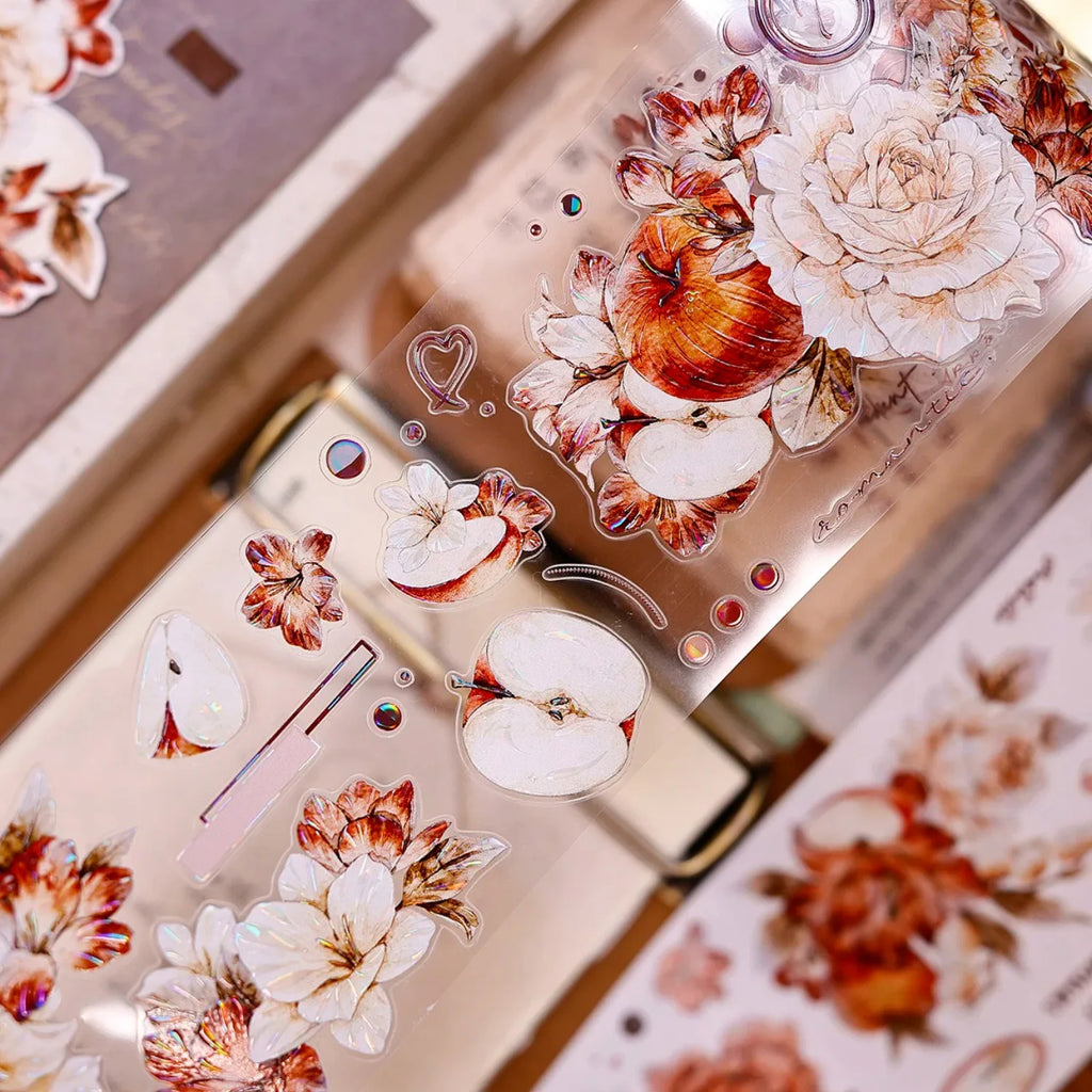 Red-Brown Peony & Apple Washi & PET Tape for Journaling
