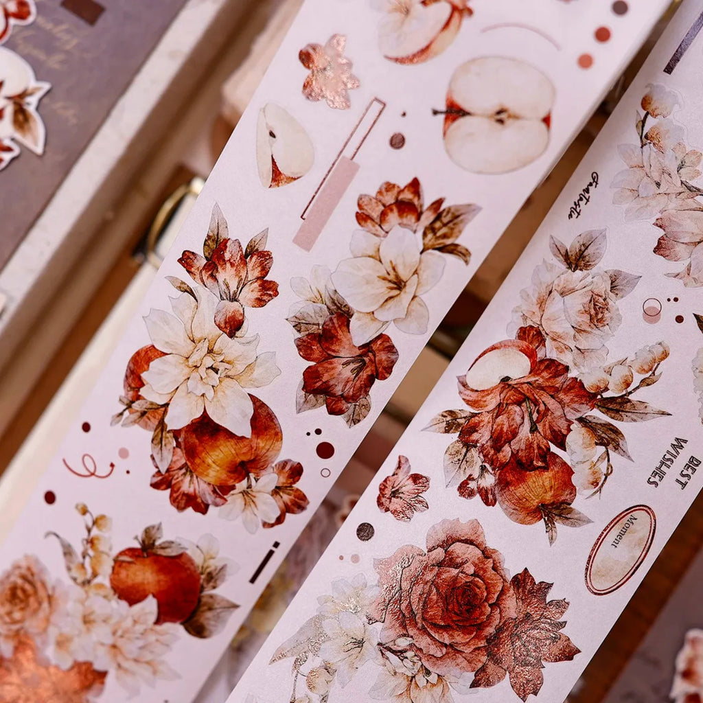 Red-Brown Peony & Apple Washi & PET Tape for Journaling