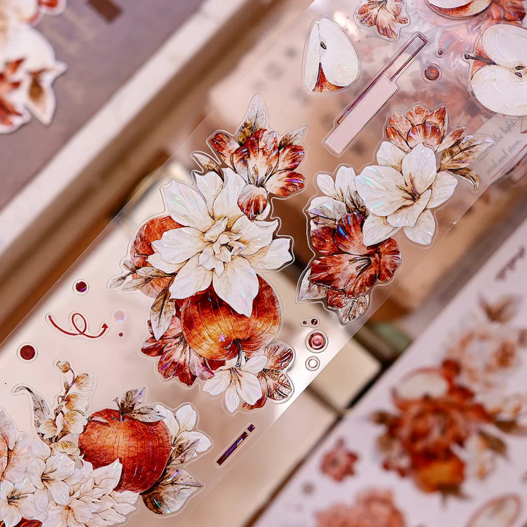 Red-Brown Peony & Apple Washi & PET Tape for Journaling