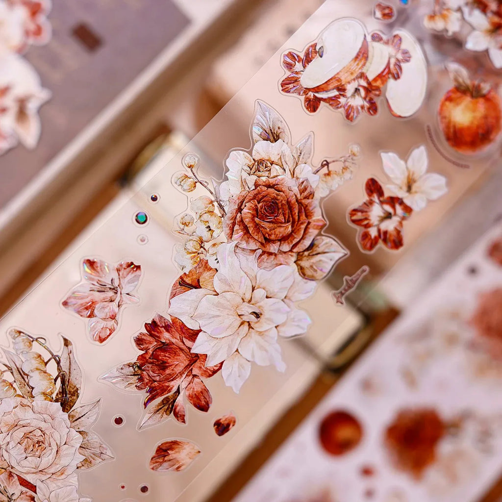 Red-Brown Peony & Apple Washi & PET Tape for Journaling