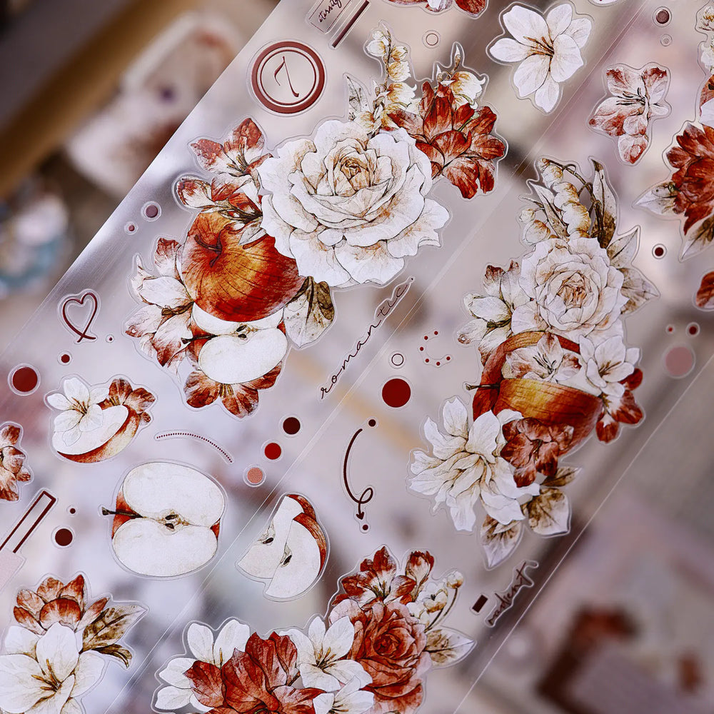Red-Brown Peony & Apple Washi & PET Tape for Journaling